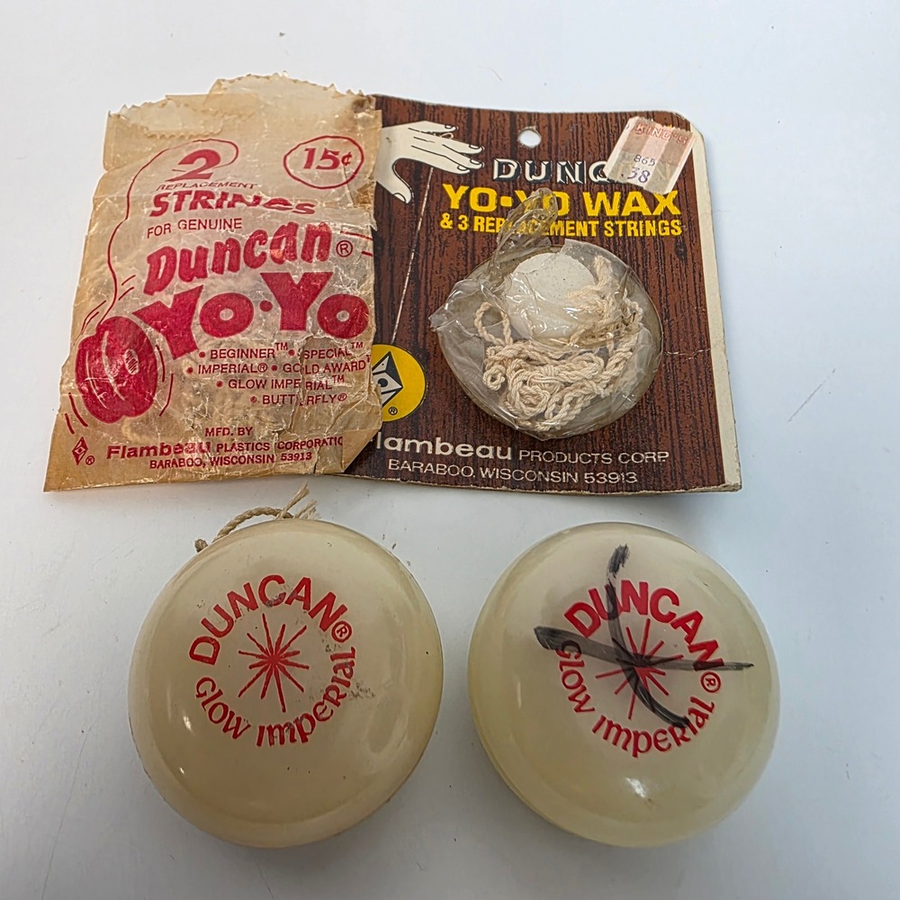 Vintage Duncan Glow Imperial Yo-Yo Lot with Original Wax and String Packaging